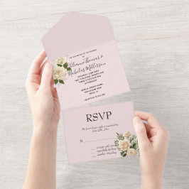 Invitación Todo En Uno Romántico Boda de flores de marfil rosa de Rubor