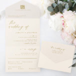 Invitación Todo En Uno Romántico Boda de guión delgado de marfil de oro<br><div class="desc">Descubra la elegancia y la comodidad en un exquisito paquete con nuestra Invitación a la Boda Romántica Moderna de Oro y Marfil. Esta invitación combina a la perfección la modernidad con el romanticismo eterno, ofreciendo una solución clásica, sencilla y elegante a sus necesidades bodas. En la parte superior, un código...</div>