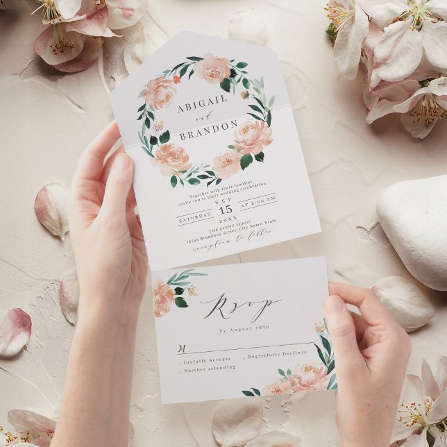 Invitación Todo En Uno Romántico boda de guirnaldas florales de durazno t (Romantic garden peach floral wreath wedding all in all in one invitation)