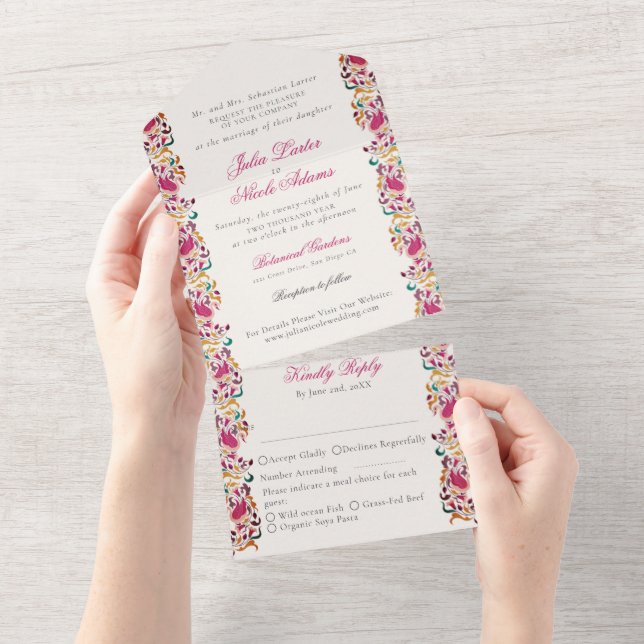 Invitación Todo En Uno Romántico Boda de marco floral de Pearl Swan (desgarro)