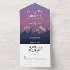 Invitación Todo En Uno Romántico boda de montañas nevadas púrpura