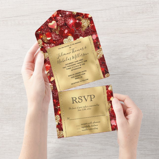 Invitación Todo En Uno Romántico Boda Glitzy Hearts Red Gold (desgarro)