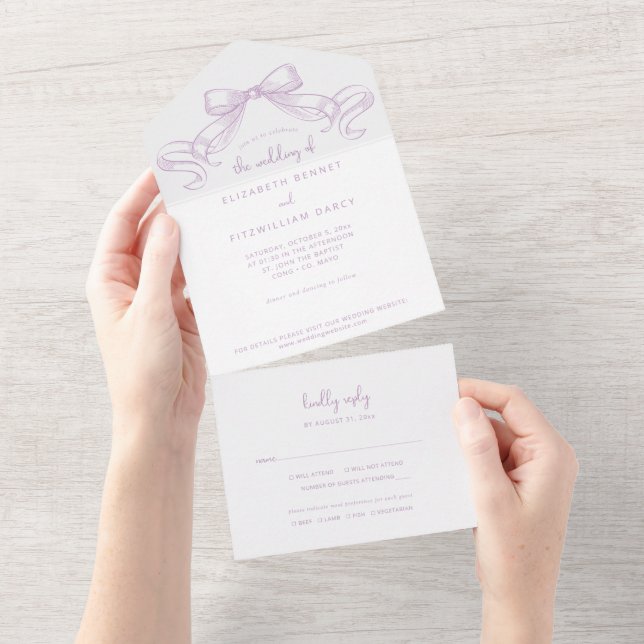 Invitación Todo En Uno Romántico Bow | Boda Lilac De (desgarro)