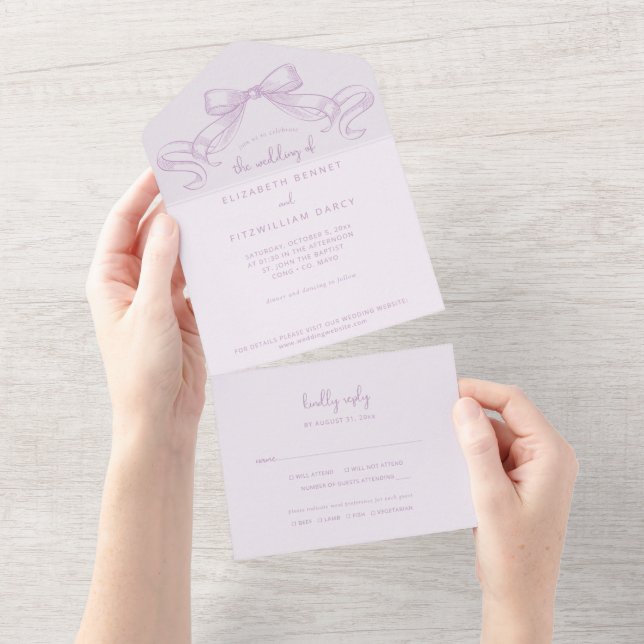 Invitación Todo En Uno Romántico Bow | Boda Lilac De (desgarro)