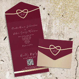 Invitación Todo En Uno Romántico Código QR de Boda Borgoña