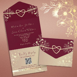 Invitación Todo En Uno Romántico Floral Borgoña QR Foto Boda