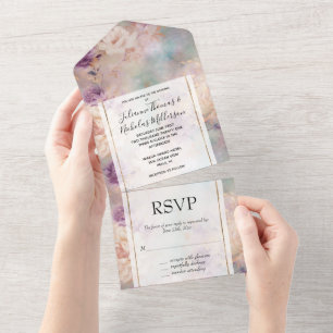 Invitación Todo En Uno Romántico Morado Turquesa Rubor Floral