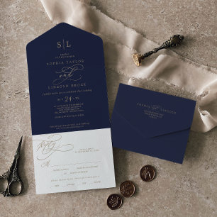 Invitación Todo En Uno Romántico oro caligrafía Boda monograma Navy