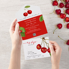 Invitación Todo En Uno Romántico Retro Rojo Frutos de Cerezo Blanco Boda