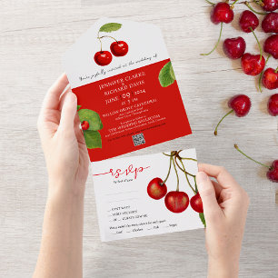 Invitación Todo En Uno Romántico Retro Rojo Frutos de Cerezo Blanco Boda 