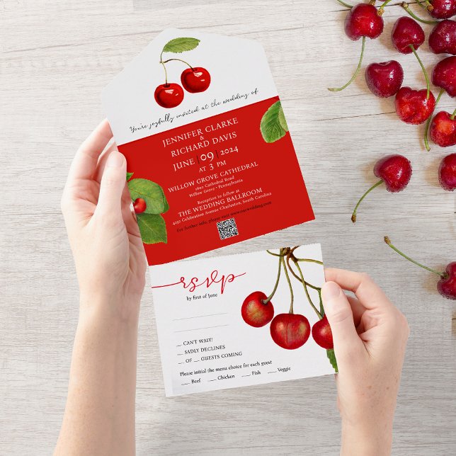 Invitación Todo En Uno Romántico Retro Rojo Frutos de Cerezo Blanco Boda  (Subido por el creador)
