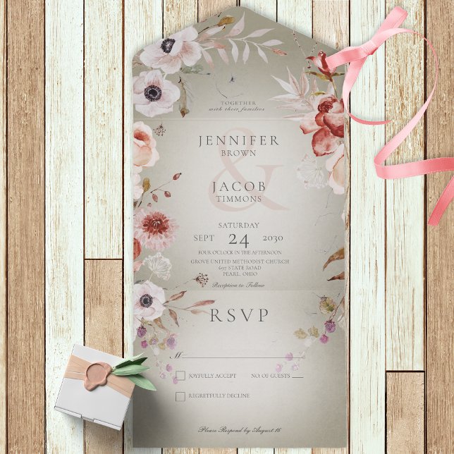 Invitación Todo En Uno Romántico Sage Green & Pink Floral Sin Cena (Subido por el creador)