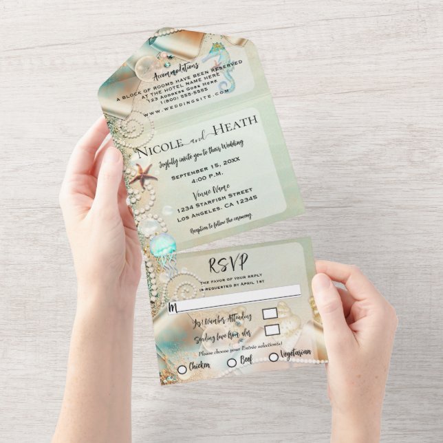 Invitación Todo En Uno Romántico Starfish & Pearls Elegant Wedding (desgarro)