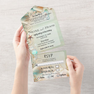 Invitación Todo En Uno Romántico Starfish & Pearls Elegant Wedding