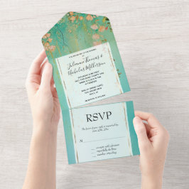 Invitación Todo En Uno Romántico Verde azulado Rubor Floral Rosa Boda