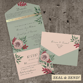 Invitación Todo En Uno Romántico Verde Salvia Rubor Floral Boda