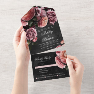 Invitación Todo En Uno Romántico y Moody Pink Bouquet