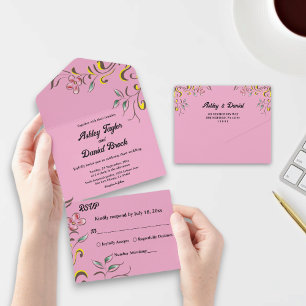 Invitación Todo En Uno Rosa acuarela simple deja a Boda floral de Rubor