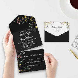 Invitación Todo En Uno Rosa acuarela simple deja Boda floral negro