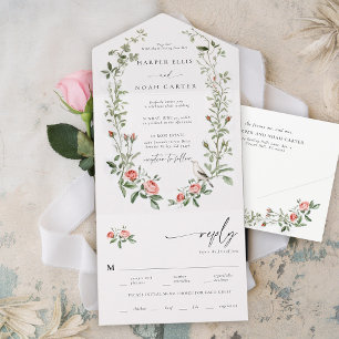 Invitación Todo En Uno Rosa acuarela Vines Bird All One Elegant Wedding