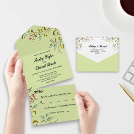 Invitación Todo En Uno Rosa acuático simple deja Boda floral verde