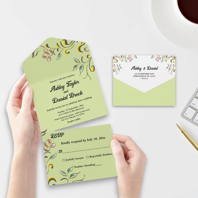 Invitación Todo En Uno Rosa acuático simple deja Boda floral verde (Subido por el creador)