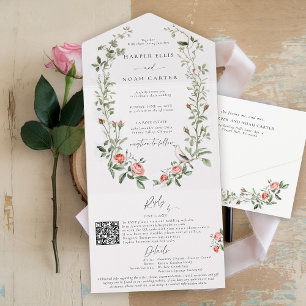 Invitación Todo En Uno Rosa acuático Vines Bird Garden Elegant Wedding