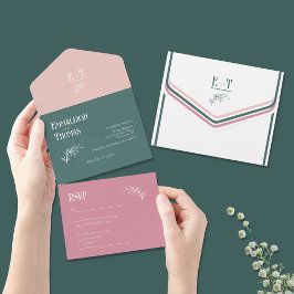 Invitación Todo En Uno Rosa agitado verde esmeralda simple Boda moderno