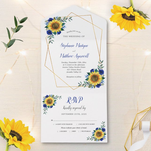 Invitación Todo En Uno Rosa azul girasol geométrico Boda moderno (Subido por el creador)