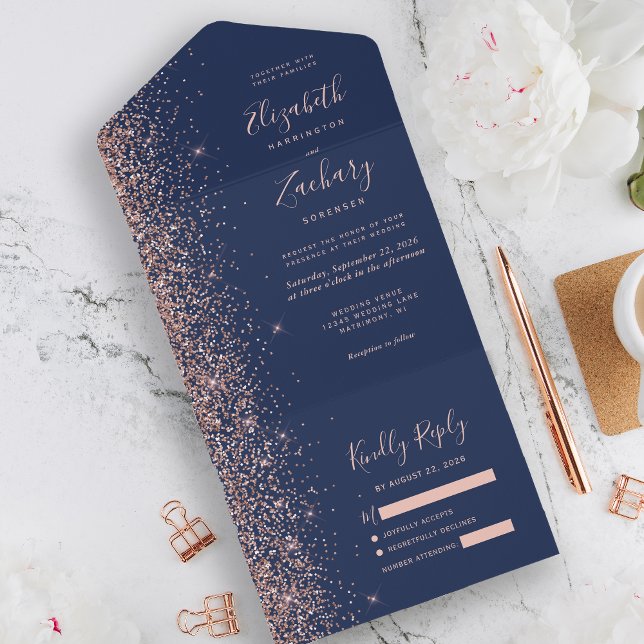 Invitación Todo En Uno Rosa azul  moderno Purpurina de oro Boda (Subido por el creador)