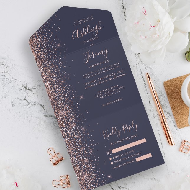 Invitación Todo En Uno Rosa azul oscuro moderno Purpurina de oro Boda (Subido por el creador)
