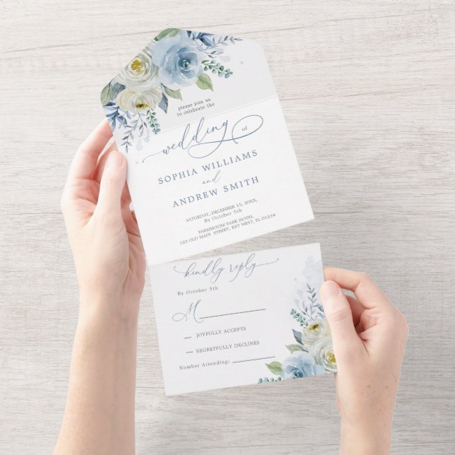 Invitación Todo En Uno Rosa azul turbio Boda de flores (desgarro)
