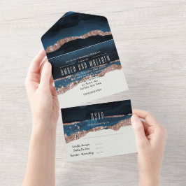 Invitación Todo En Uno Rosa Boda de tinta azul de alcohol de la marina