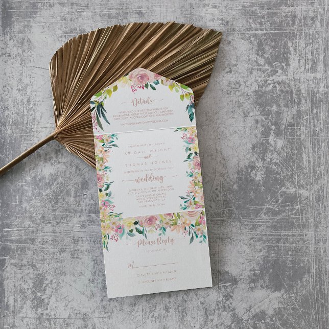 Invitación Todo En Uno Rosa Boda floral Primavera Dorada (Subido por el creador)