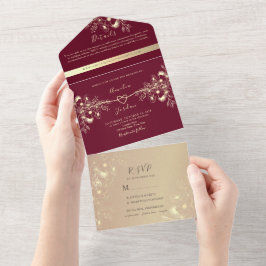 Invitación Todo en Uno Rosa Borgoña Dorado