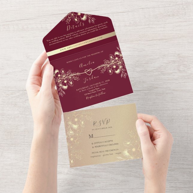 Invitación Todo en Uno Rosa Borgoña Dorado (desgarro)