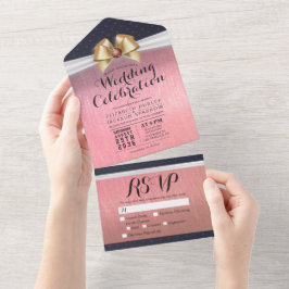 Invitación Todo En Uno Rosa Cinta blanca de oro Boda de Diamante Rojo RSV