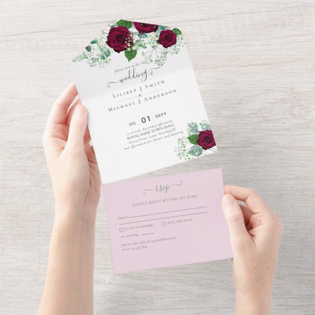 Invitación Todo En Uno Rosa de Borgoña Sage Eucalyptus Boda (desgarro)