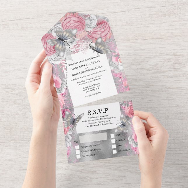 Invitación Todo En Uno Rosa de brillo de mariposa de plata rosa purpurina (desgarro)
