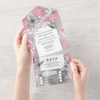 Invitación Todo En Uno Rosa de brillo de mariposa de plata rosa purpurina