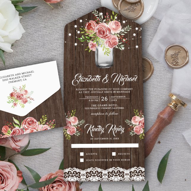 Invitación Todo En Uno Rosa de Cine Rústico Floral Mason Jar Wood Boda (Subido por el creador)