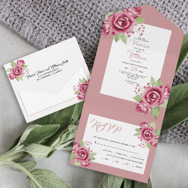 Invitación Todo En Uno Rosa de color rosa oscuro flores boda floral
