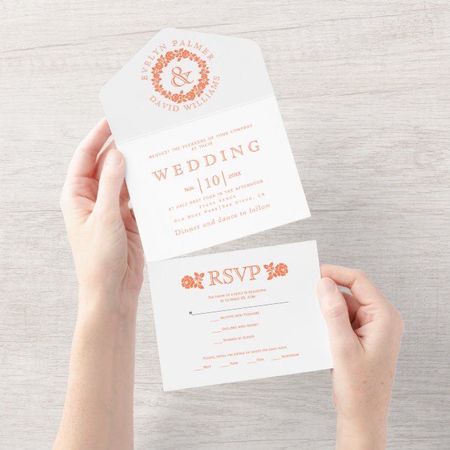 Invitación Todo En Uno Rosa de coral ventilado sobre boda blanco (desgarro)