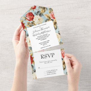 Invitación Todo En Uno Rosa de crema roja azul Boda floral