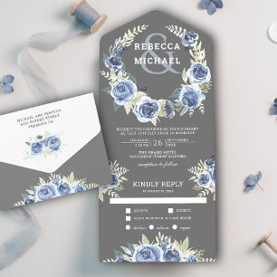 Invitación Todo En Uno Rosa de Garland Rústico Dusty Blue Gray Floral Bod