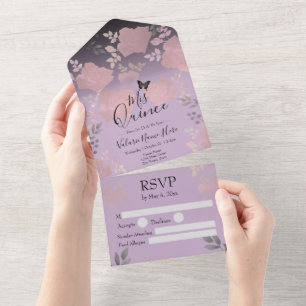 Invitación Todo En Uno Rosa De Hielo Floral Rosa Quinceanera Todo En Un S