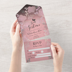 Invitación Todo En Uno Rosa de Hielo Rosa Floral Dulces Dieciséis Todo En