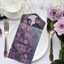 Invitación Todo En Uno Rosa de Lavanda Gótica Oscura, Código QR