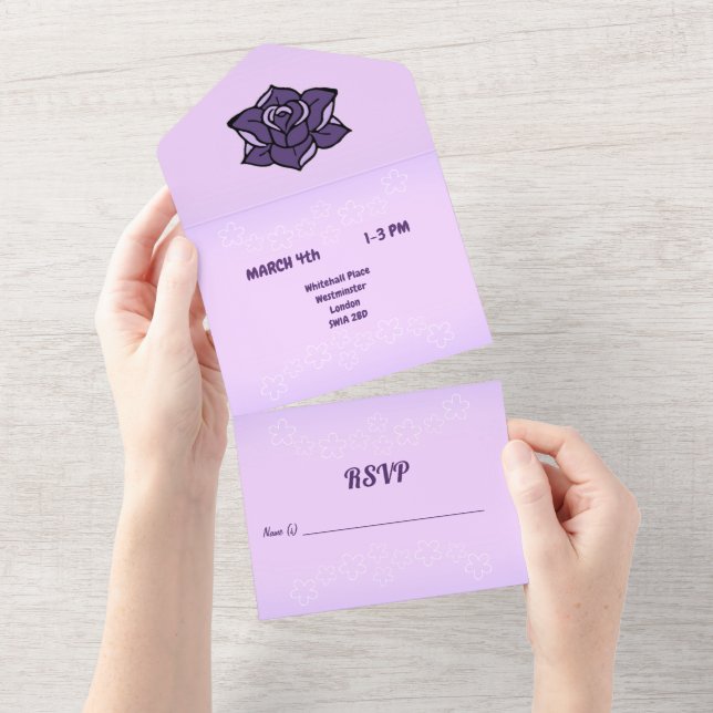 Invitación Todo En Uno Rosa de lavanda y Boda floral Sakura blanca (desgarro)