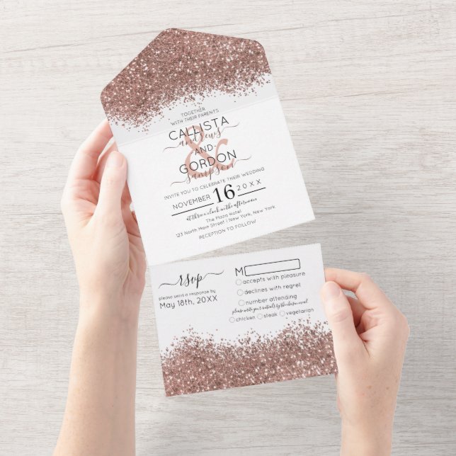 Invitación Todo En Uno Rosa de lujo Purpurina blanco de oro Confetti Boda (desgarro)